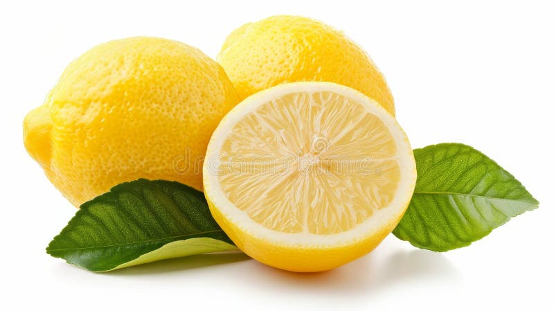 Isolated lemon on white. Lemon fruit with leaves. Close up view on white. Clipped path included.. AI generated. Isolated lemon on white. Lemon fruit with leaves. Close up view on white. Clipped path included.. AI generated