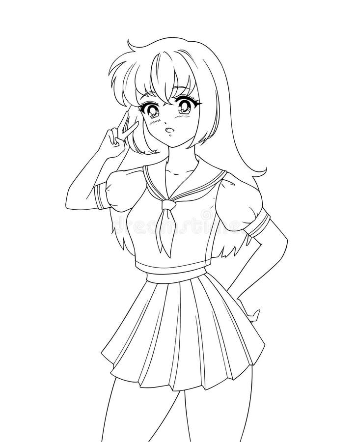 Linda Anime Manga Chica Con Uniforme Escolar Aislada De Fondo Blanco.  Ilustración del Vector - Ilustración de estudiante, vector: 208079183