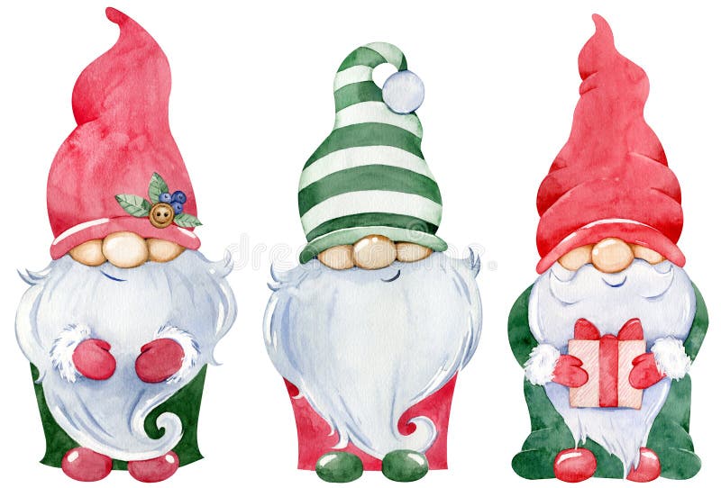 Linda colección de gnome de navidad. acuarela de los gnomos de los nuevos años con regalos en sombreros de color verde y rojo