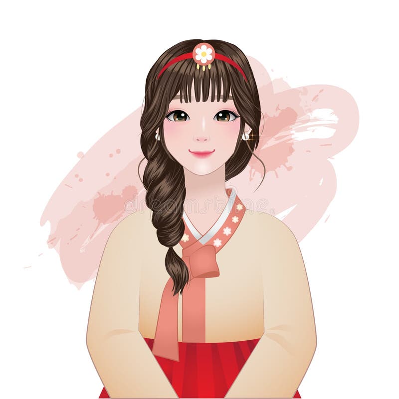 Personagem de garotas kawaii fofas coreanas em ilustração de conjunto de  desenhos animados de vestido hanbok coreano tradicional