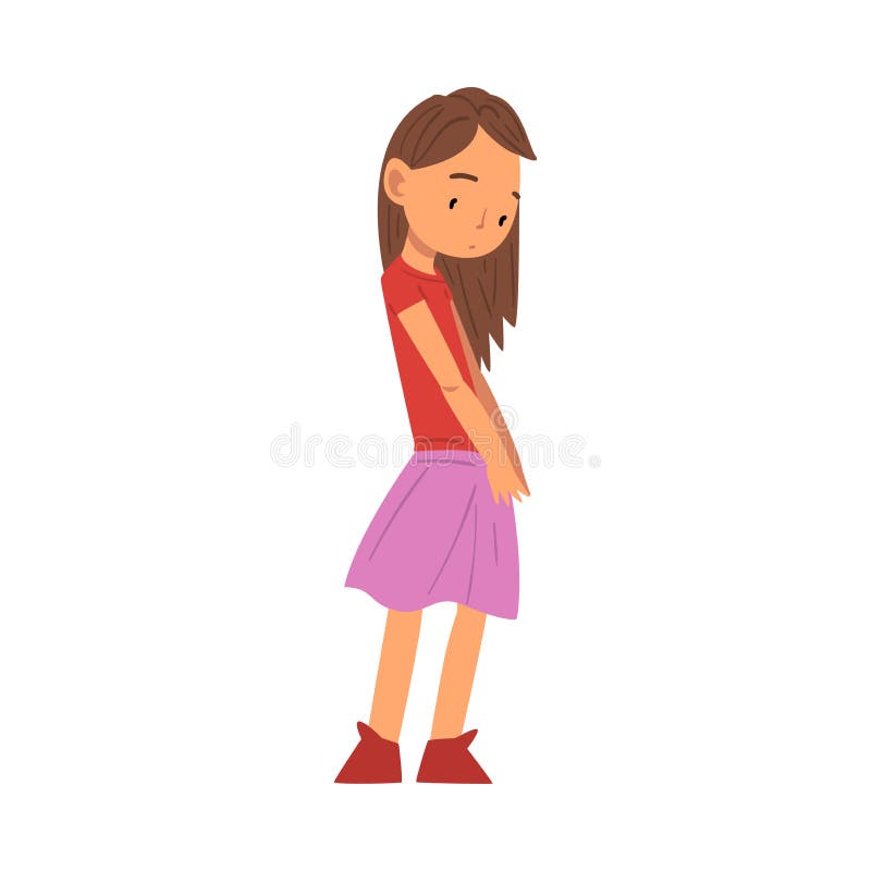 Cute Unhappy Girl, Sad Child Wearing Skirt and Blouse Vector Illustration, Cartoon Style. Cute Unhappy Girl, Sad Child Wearing Skirt and Blouse Vector Illustration, Cartoon Style.