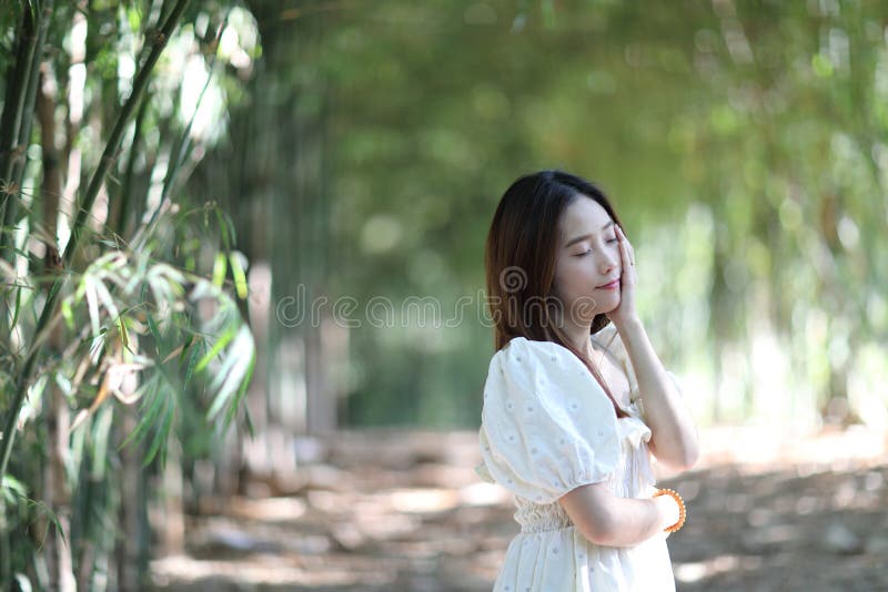 Linda jovem com vestido branco no fundo da floresta de bambu imagem de stock royalty free