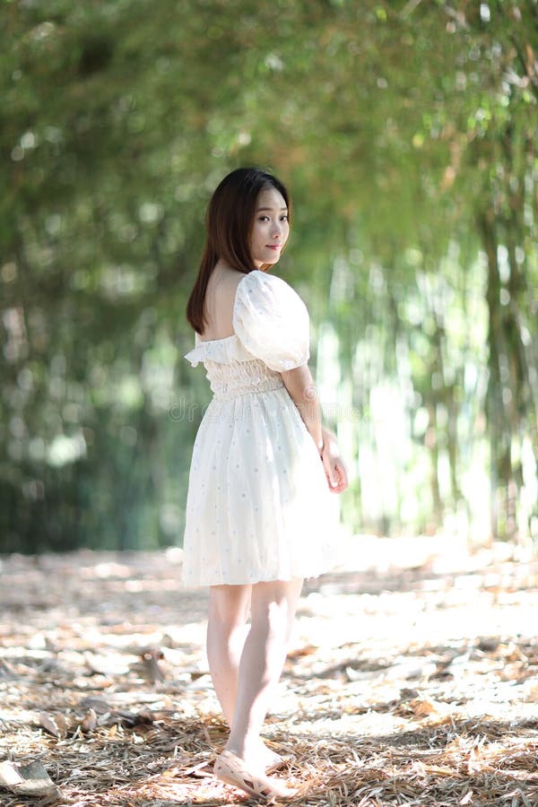 Linda jovem com vestido branco no fundo da floresta de bambu fotografia de stock