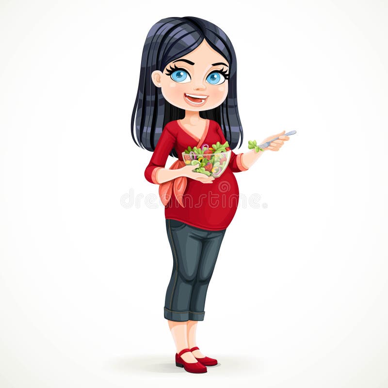 Linda morena preñada comiendo ensalada fresca de un bol transparente de ensaladas libre illustration