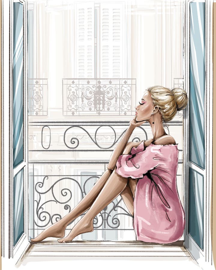 Linda mulher loira sentada no peitoril ilustração royalty free