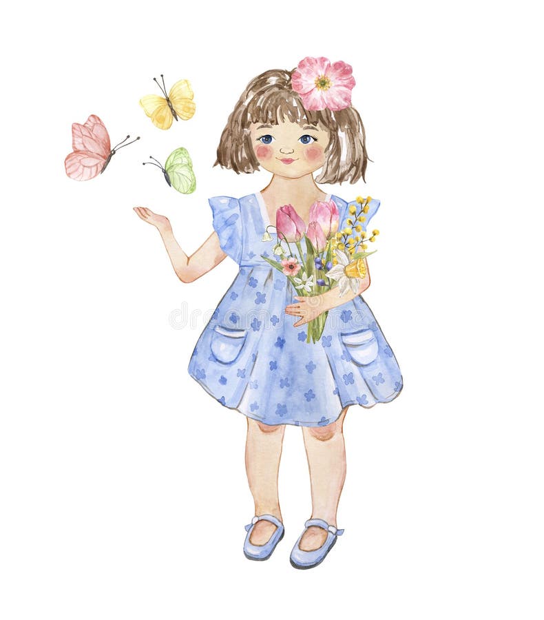  Acuarela Adorable Bebé Niña Con Flores De Primavera En Manos Pintadas a Mano Ilustración. Niño Sonriente En Estilo De Dibujos Anim Stock de ilustración