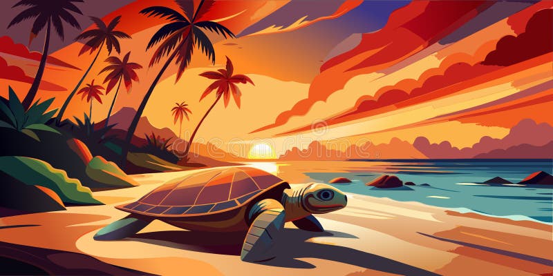 Linda paisagem do pôr do sol com uma tartaruga na costa tropical ilustração royalty free