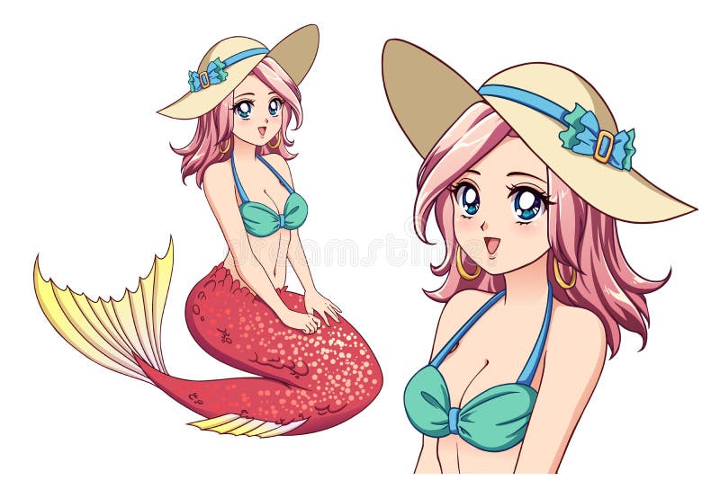 Anime bonita sereia com cabelo rosa encaracolado e rabo de peixe pose  sentada isolada em branco ilustração vetorial para colorir livro infantil  jogo cartão adesivo camisa