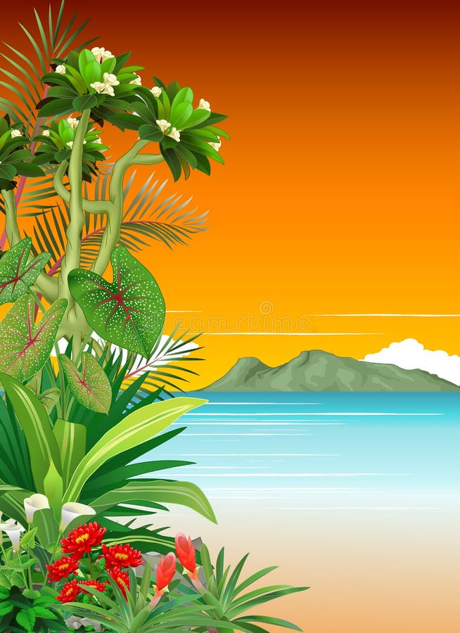 Linda Vista Sunset Na Praia Com Um Cartoon De Flor De Plantas Tropicais ilustração royalty free