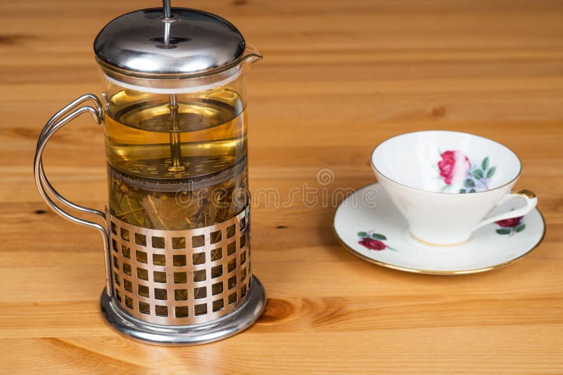 Linden Tea in a French Press with a Mug Stock Image Image of branch