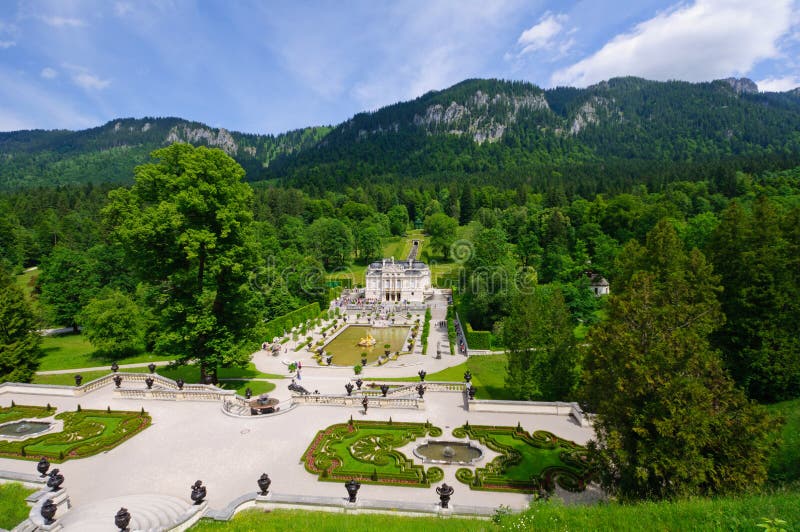 Linderhof Palace is in southwest Bavaria near Ettal Abbey in Germany. It is the smallest of the three palaces built by King Ludwig II of Bavaria and the only one which he lived to see completed. Linderhof Palace is in southwest Bavaria near Ettal Abbey in Germany. It is the smallest of the three palaces built by King Ludwig II of Bavaria and the only one which he lived to see completed.