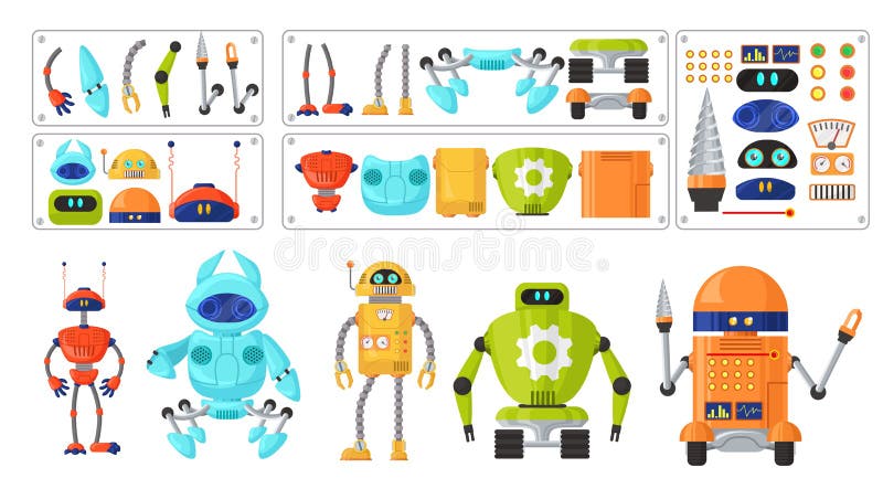Lindo robot conjunto de personajes de dibujos animados vector plano ilustración aislada. constructor de máquina robot. animación r