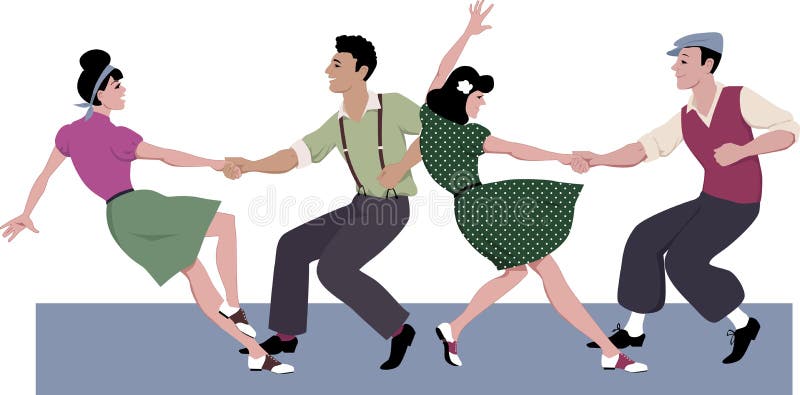 Two young couple dressed in 1940s fashion dancing lindy hop or swing in a formation, vector illustration, isolated on white, no transparencies, EPS 8. Two young couple dressed in 1940s fashion dancing lindy hop or swing in a formation, vector illustration, isolated on white, no transparencies, EPS 8