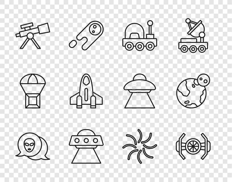 Line Alien kosmic Schiff Mars rover aus fliegendem Raumschiff Teleskop Rakete schwarzes Loch und Erde Globus Symbol stock abbildung