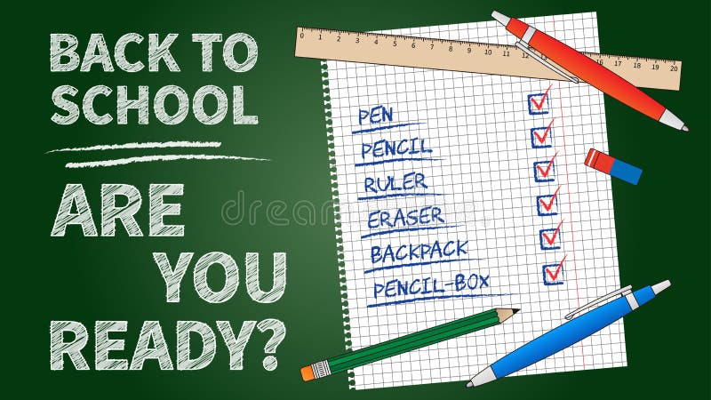 Back to school vector illustration. Line art banner Back to school with list of stationery elements: pencil, pen, ruler, staple. Dark green chalk board template graphic design.