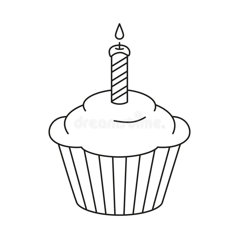Line art black and white birthday cupcake, burning candle on top. Holiday party themed vector illustration for icon, stamp, label, certificate, brochure, gift card, poster, coupon or banner decoration