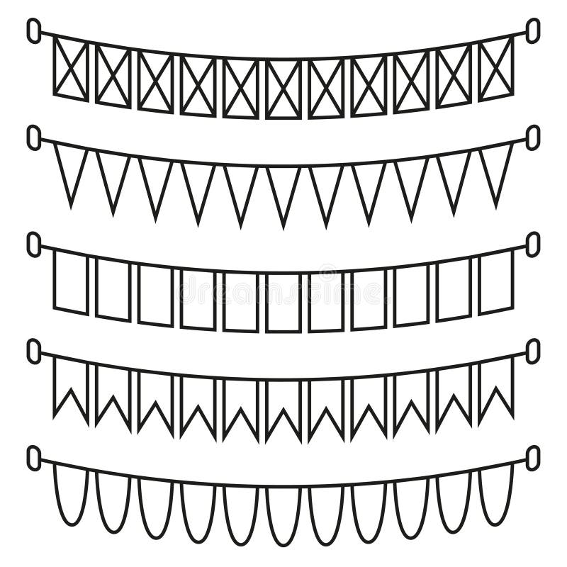 Line art black and white holiday flags. Decorative garland. Birthday party themed vector illustration for icon, stamp, label, certificate, brochure, gift card, poster, coupon or banner decoration