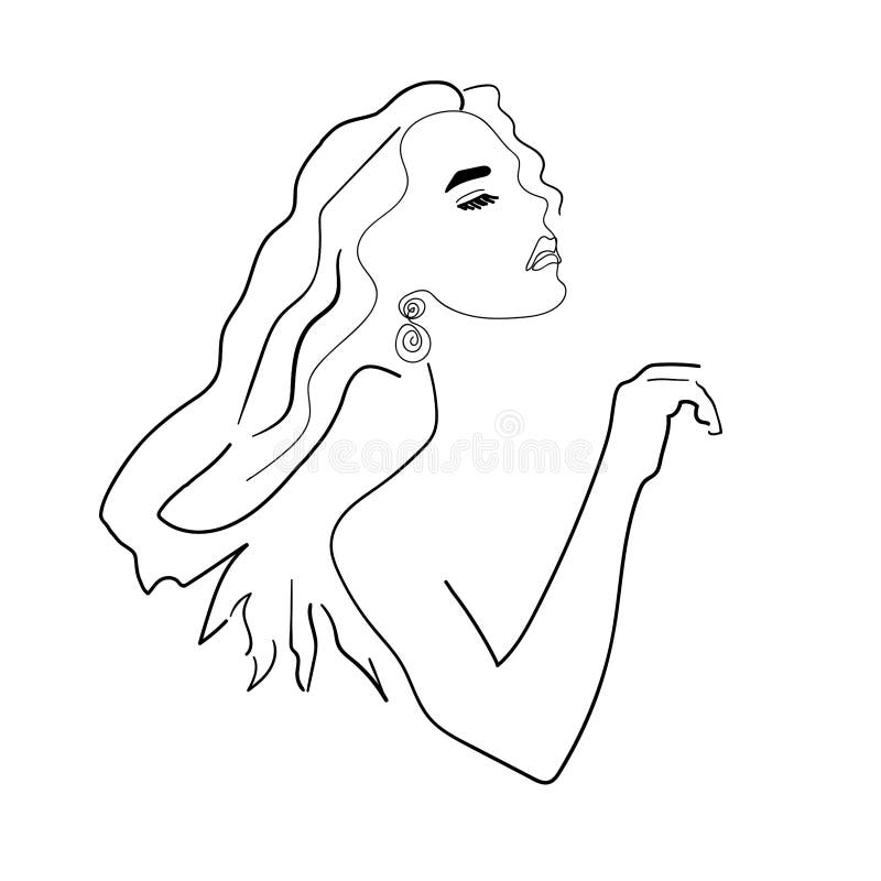 Line art fashion girl with long hair, linear simple minimalistic trendy vector illustration for feminine branding