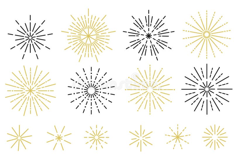 Line art fireworks vector illustration. Flat style gold and black firework icon set royalty free illustration