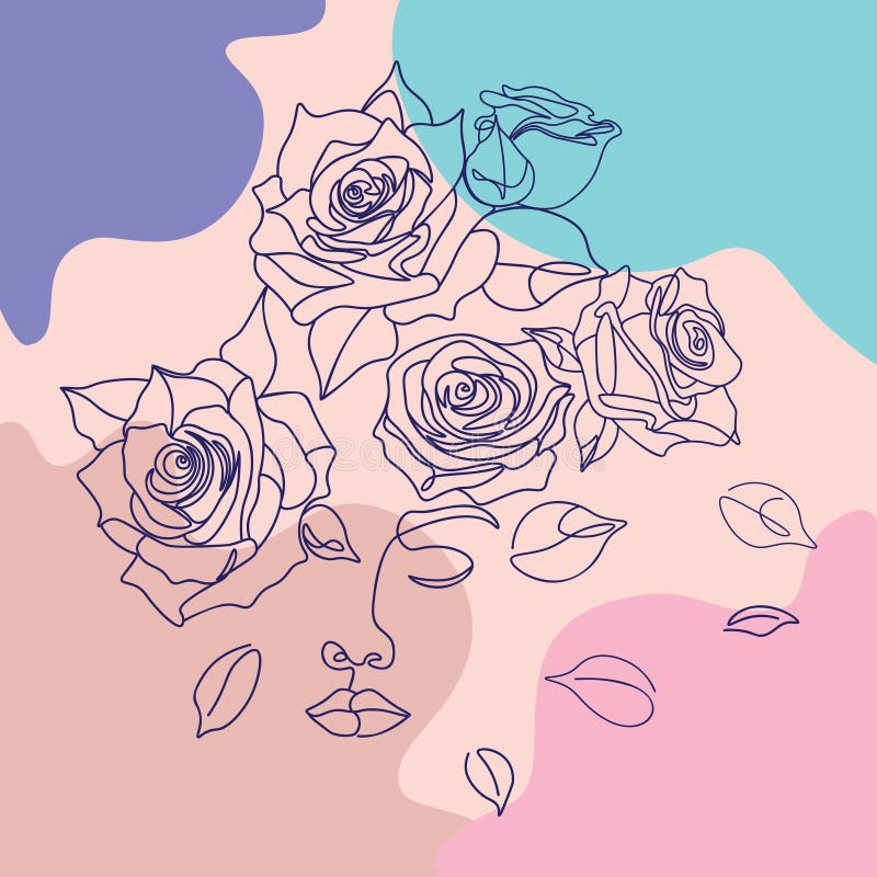 Line art girl face with roses and shapes