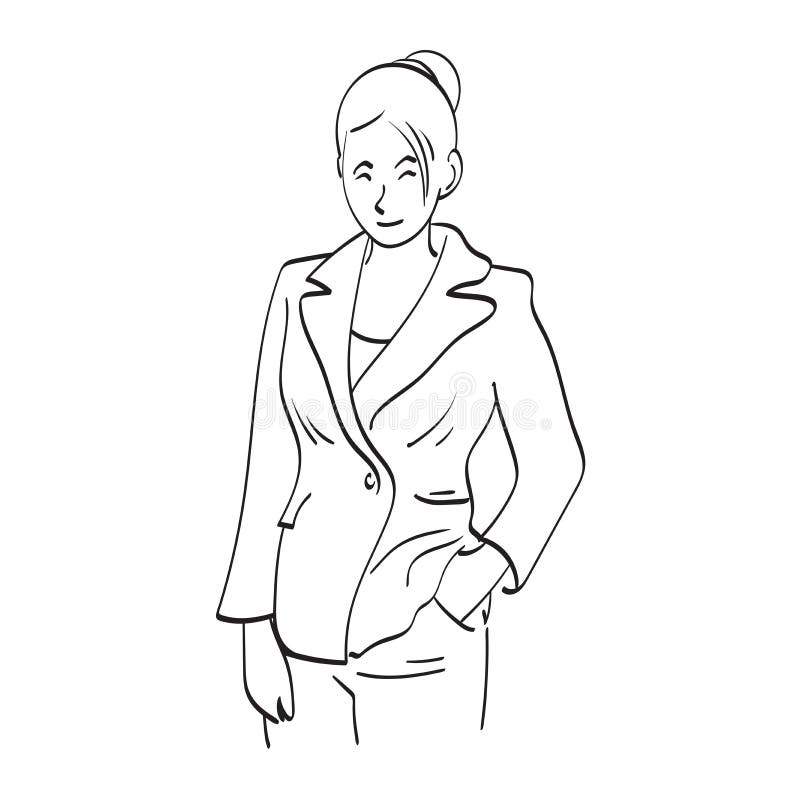 Line Art Half Length of Businesswoman Standing with Smile Illustration ...