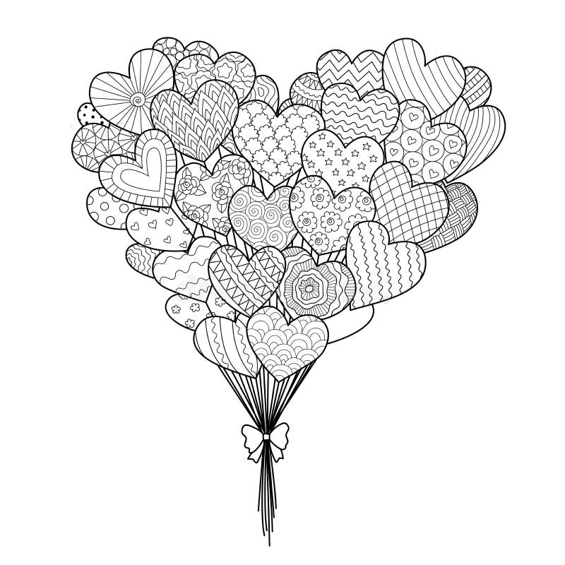 Line art of hearted shape balloons for design element and coloring book page with Valentines or wedding theme. Vector illustration