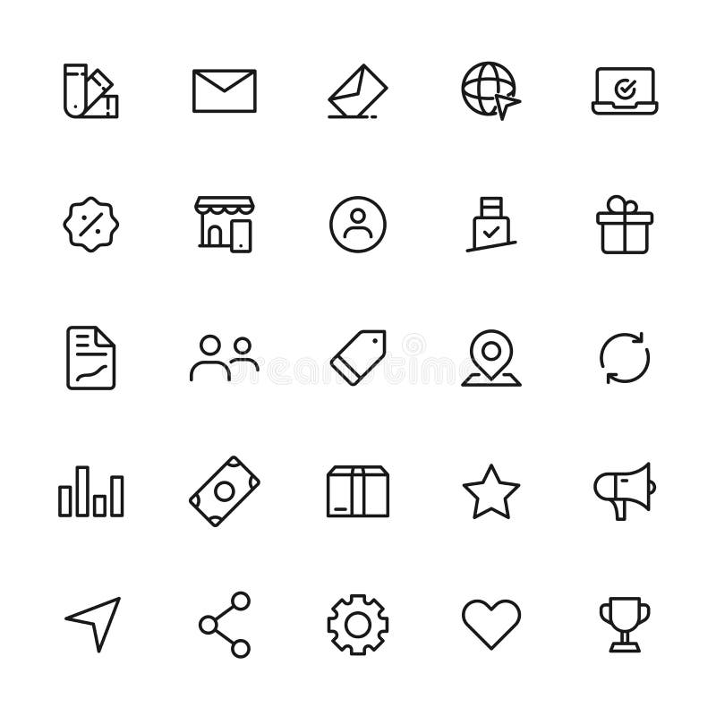 Line art illustration of Essential icon set. royalty free illustration