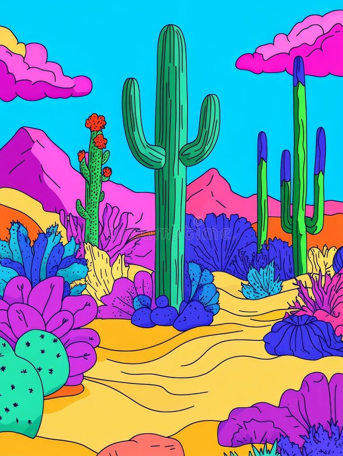 Line art illustration showcasing an array of colors and patterns in an aerial perspective of a desert landscape. AI generated