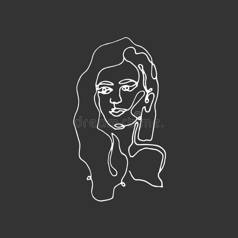 Line Art Portrait of Woman Illustration on Black Stock Vector