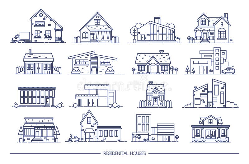 Line art residential house collection. Set of flat style. Contour vector illustration. vector illustration Line art residential house collection. Set of flat style. Contour vector illustration. vector illustration