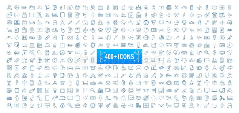 400 Line art set with icon set. Thin line. Social media, technology, seo, logistic, education, sport, medicine, travel, weather, construction, finance contact us music Vector stock illustration