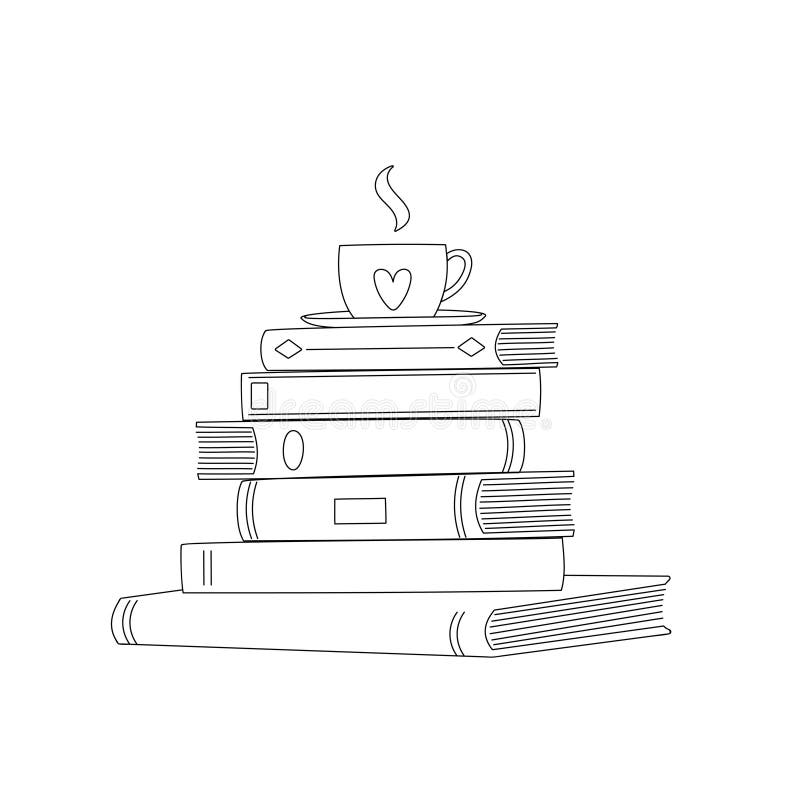 Line Art Stack of Books and Cup with Saucer. Doodle Style Stock Vector ...