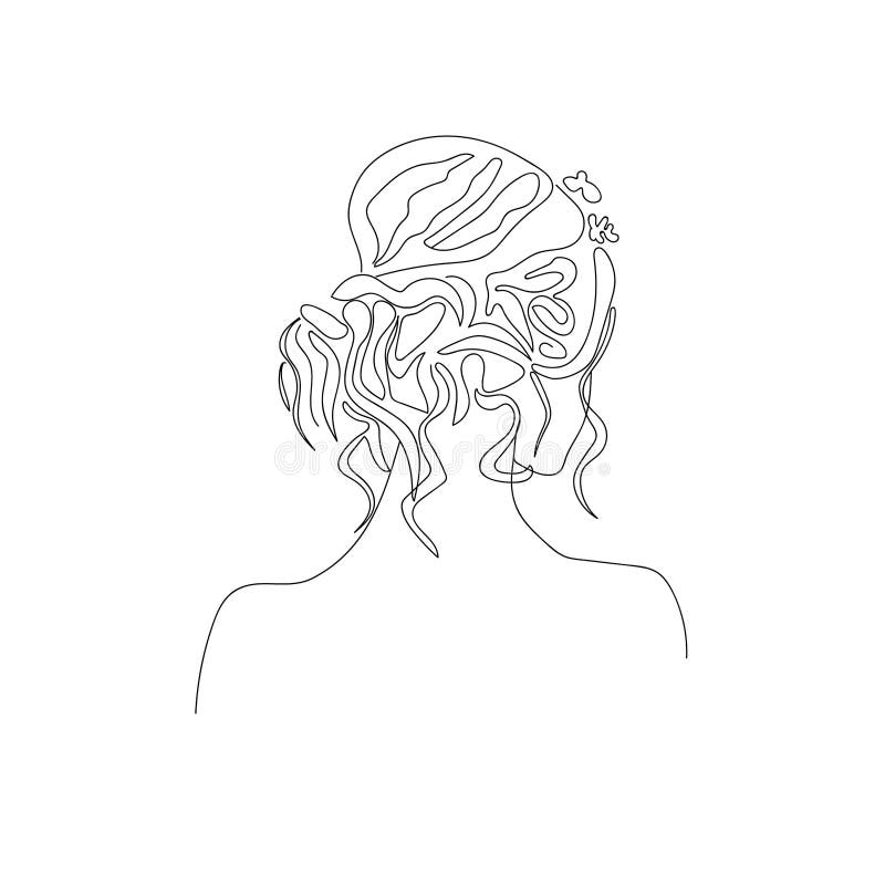 Line Art Woman Bridal Hairstyle, Continuous Line Hand Drawing of ...