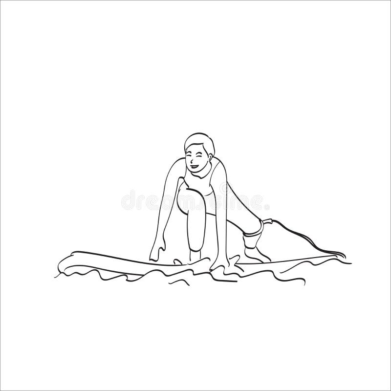 Line art young woman surfboarding on the sea illustration vector hand drawn isolated on white background