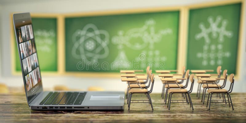 On-line-Ausbildung und E-Learning-Konzept Hauptquarantänefernstudium Notebook und Schulbanken auf blackdesk im Klassenzimmer