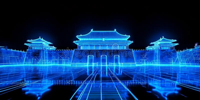 Line-based Glowing Forbidden City on Translucent Backgroun vector illustration