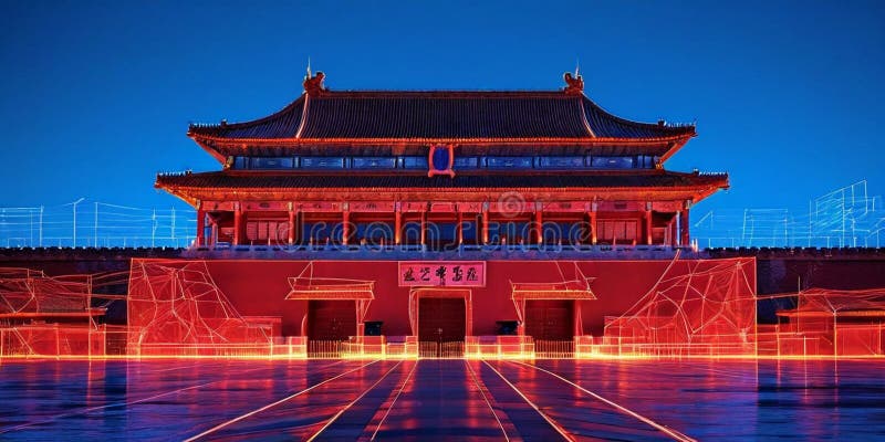 Line-based Glowing Forbidden City on Translucent Backgroun. A line-based visualization of the Forbidden City glows on a translucent background. This unique image is suitable for architecture design firms, cultural tourism promotions, and educational materials about historical architecture.