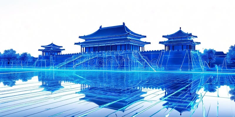 Line-based Glowing Forbidden City on Translucent Backgroun stock illustration