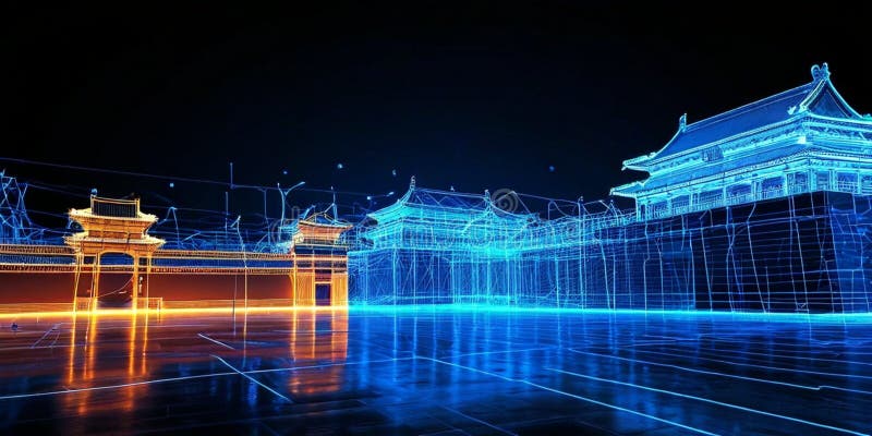 Line-based Glowing Forbidden City on Translucent Backgroun. A line-based visualization of the Forbidden City glows on a translucent background. This unique image is suitable for architecture design firms, cultural tourism promotions, and educational materials about historical architecture.