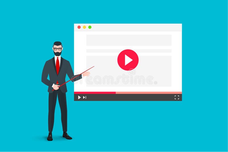 On-line-Bildungs-Illustration mit abstraktem web- browserund Geschäfts-Trainer-Near The Video-Spieler Flaches Vektorkonzept lizenzfreie abbildung On-line-Bildungs-Illustration mit abstraktem web- browserund Geschäfts-Trainer-Near The Video-Spieler Flaches Vektorkonzept lizenzfreie abbildung