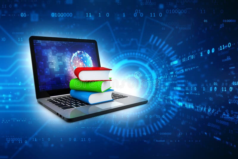 On-line-Bildungskonzept - Laptop-Computer mit bunten B?chern Wiedergabe 3d vektor abbildung On-line-Bildungskonzept - Laptop-Computer mit bunten B?chern Wiedergabe 3d vektor abbildung