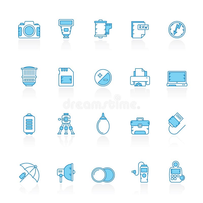 Line with blue background Camera equipment and photography icons