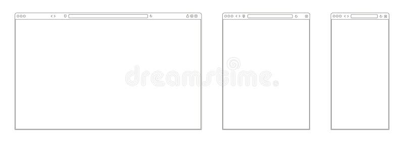 Line browser mockup. Web page frame for mobile tablet and desktop computer screens. Different devices internet browser vector illustration