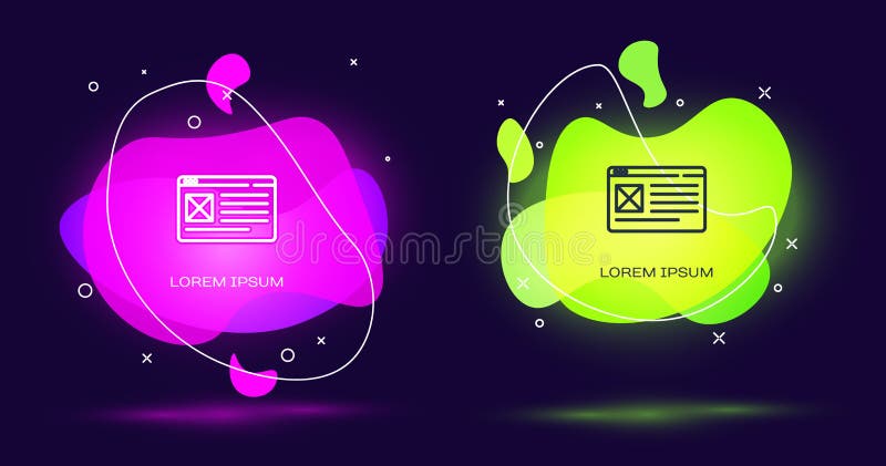Line Browser window icon isolated on black background. Abstract banner with liquid shapes. Vector royalty free illustration