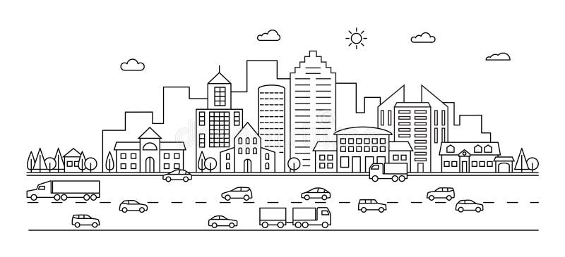 Line city. Outline town street with buildings and cars. Modern vector doodle cityscape and transportation