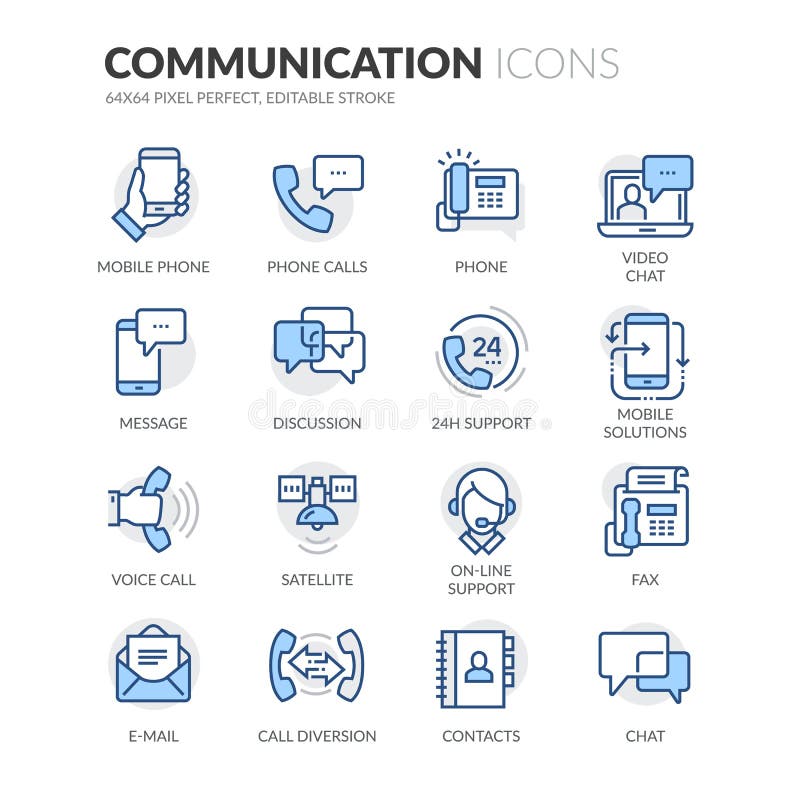 Un conjunto compuesto por comunicación relacionado línea iconos.