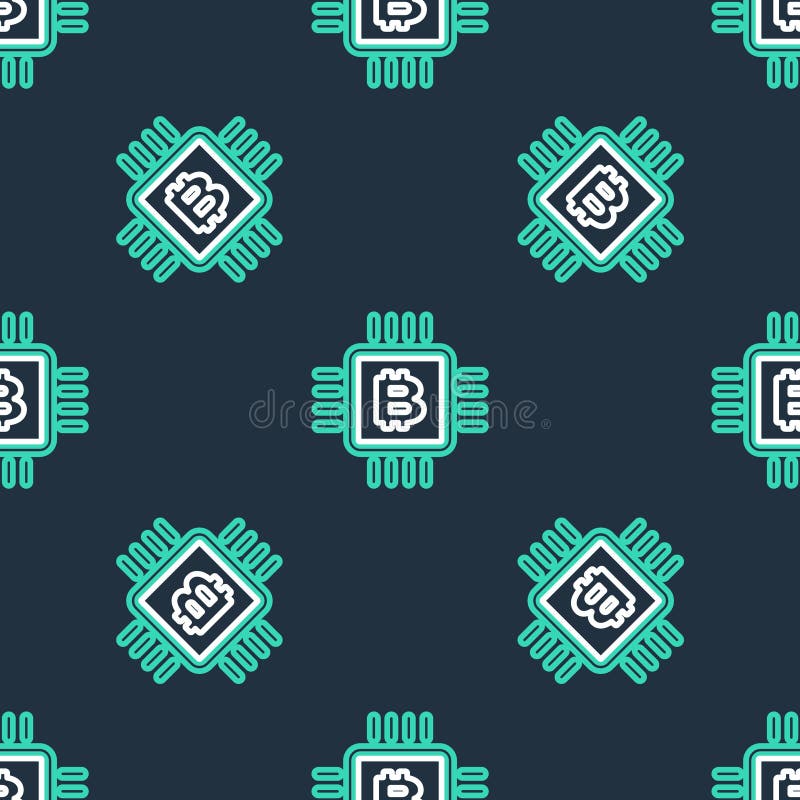 Line CPU mining farm icon isolated seamless pattern on black background. Bitcoin sign inside microchip. Cryptocurrency stock illustration