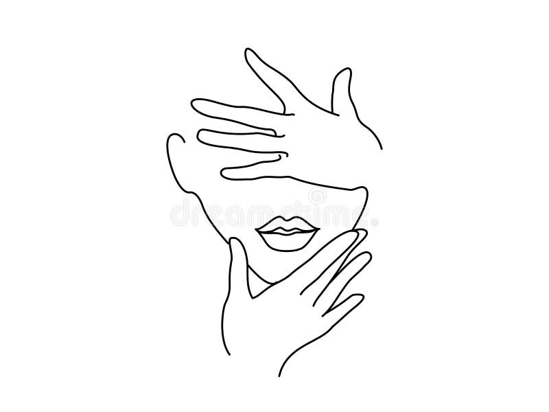 Line Drawing Art. Woman face with hands