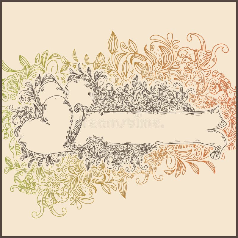 Line Drawing Banner with Birds and Flowers Stock Vector Illustration