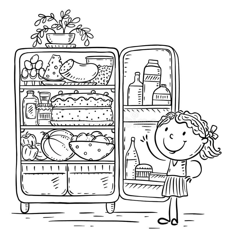 Line Drawing of a Cartoon Kid and Fridge with Food, Healthy Eating or  Cooking Concept, Drawing, Clipart Stock Vector - Illustration of character,  graphic: 253274409
